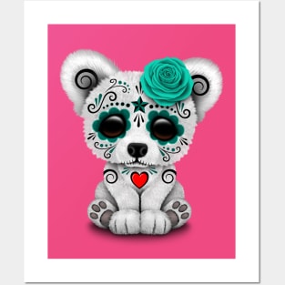 Teal Blue Day of the Dead Sugar Skull Polar Bear Posters and Art